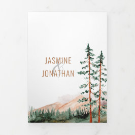 Rustic Elegance Mountains Forest Pine Spruce Trees Drieluik Uitnodiging