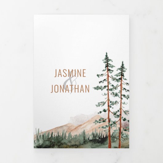 Rustic Elegance Mountains Forest Pine Spruce Trees Drieluik Uitnodiging (Cover)