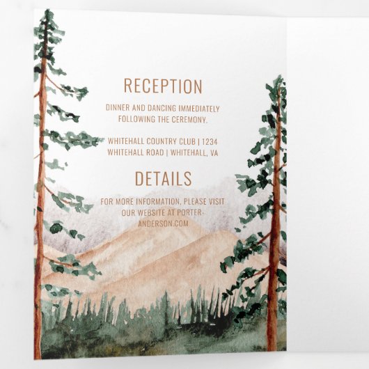 Rustic Elegance Mountains Forest Pine Spruce Trees Drieluik Uitnodiging (Binnenzijde eerst)