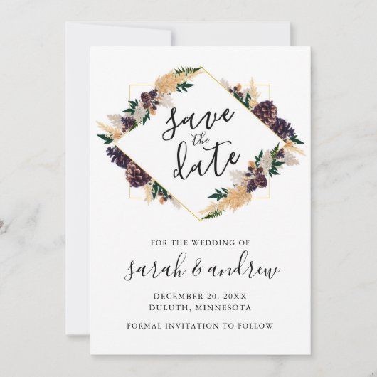 Rustic Elegance Pine Cone Greenery Save the Date (Voorkant)