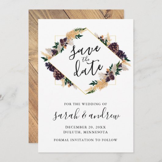 Rustic Elegance Pine Cone Greenery Save the Date (Voorkant / Achterkant)