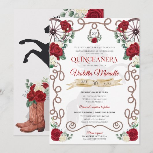 Rustic Elegance Red Rose Floral Charra Quinceañera Kaart (Voorkant / Achterkant)