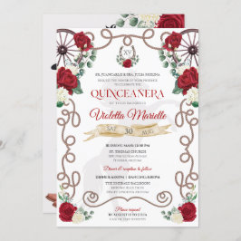 Rustic Elegance Red Rose Floral Charra Quinceañera Kaart