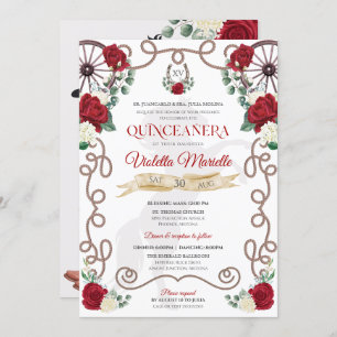 Rustic Elegance Red Rose Floral Charra Quinceañera Kaart