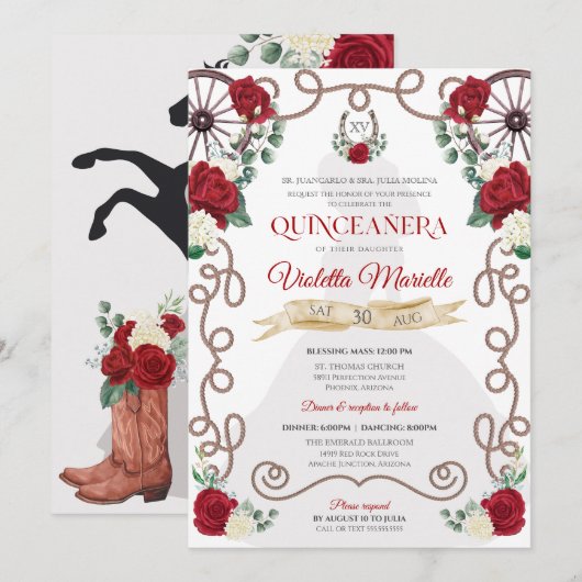 Rustic Elegance Red Rose Floral Charro Quinceanera Kaart (Voorkant / Achterkant)