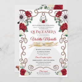 Rustic Elegance Red Rose Floral Charro Quinceanera Kaart