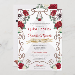 Rustic Elegance Red Rose Floral Charro Quinceanera Kaart