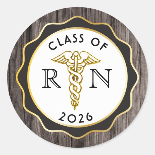 Rustic Elegance RN Caduceus Black | Goudhout Ronde Sticker (Voorkant)