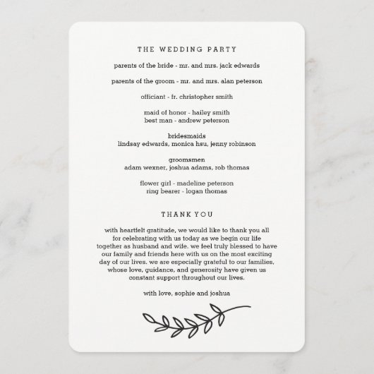 Rustic Elegance Wedding Ceremony Programma Programmakaart (Achterkant)