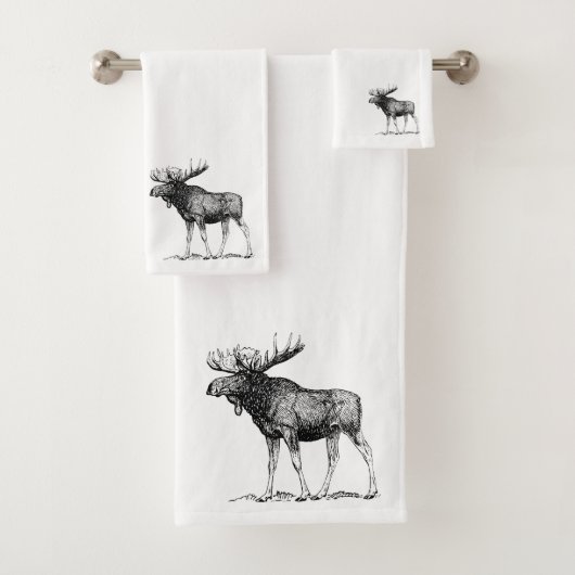 Rustic Elegant Black & White Moose Illustratie Bad Handdoek (Insitu)