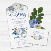 Rustic Elegant Blue Floral Wedding All In One Uitnodiging