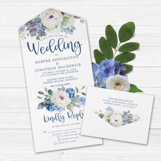 Rustic Elegant Blue Floral Wedding All In One Uitnodiging