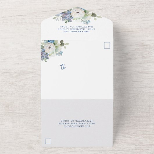 Rustic Elegant Blue Floral Wedding All In One Uitnodiging (Buitenkant)