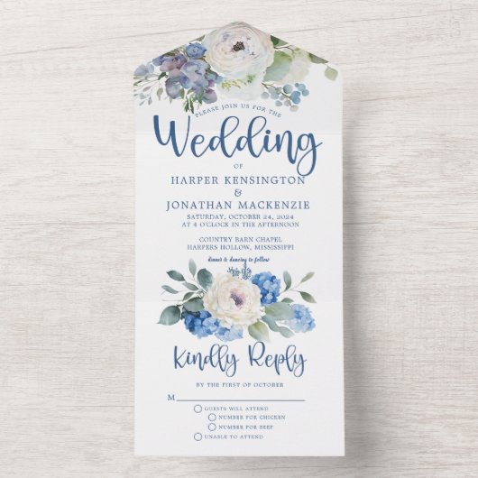 Rustic Elegant Blue Floral Wedding All In One Uitnodiging (Binnen)