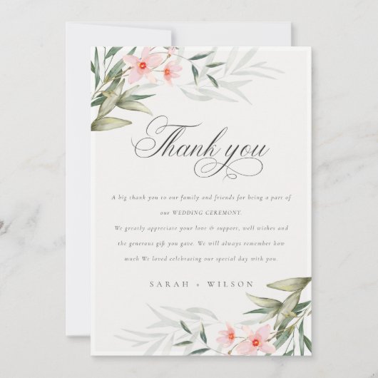 Rustic Elegant Blush Greenery Floral Wedding Bedankkaart (Voorkant)