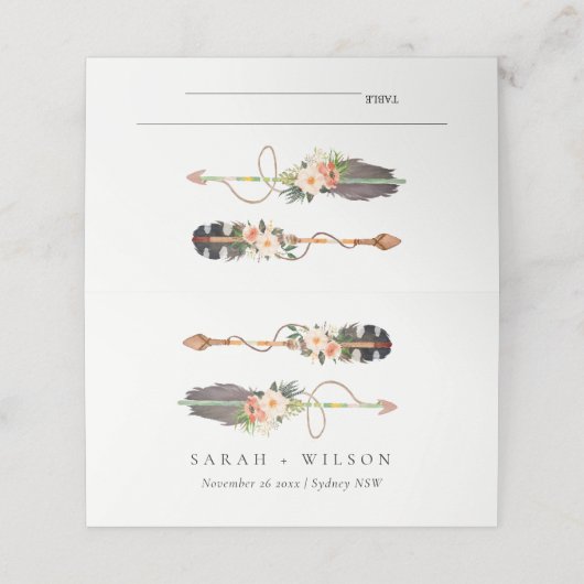 Rustic Elegant Boho Feather Floral Arrow Wedding Plaatskaartje (Buitenkant ongevouwen)