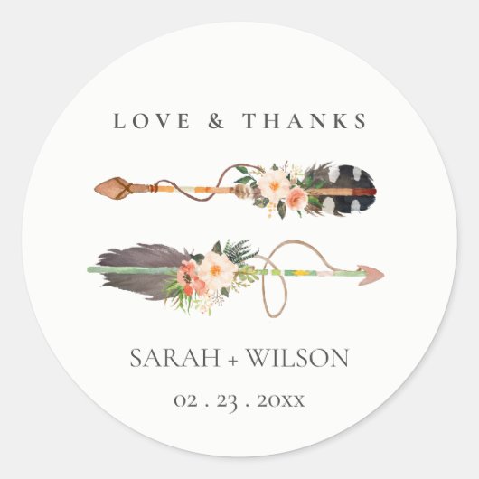 Rustic Elegant Boho Feather Floral Arrow Wedding Ronde Sticker (Voorkant)