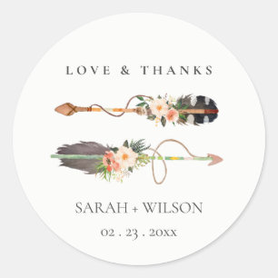 Rustic Elegant Boho Feather Floral Arrow Wedding Ronde Sticker