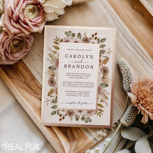 Rustic Elegant Boho Rose Gold Floral Wedding  Foil Folie Uitnodiging