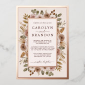 Rustic Elegant Boho Rose Gold Floral Wedding  Foil Folie Uitnodiging (Voorkant)