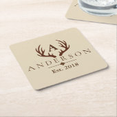 Rustic Elegant Brown Deer Antlers & Familienaam Kartonnen Onderzetters (Schuin)