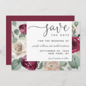 Rustic Elegant Burgundy and White Waterverf Rozen Save The Date (Voorkant / Achterkant)
