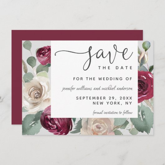 Rustic Elegant Burgundy and White Waterverf Rozen Save The Date (Voorkant / Achterkant)