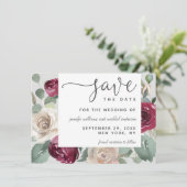 Rustic Elegant Burgundy and White Waterverf Rozen Save The Date (Staand voorkant)