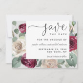 Rustic Elegant Burgundy and White Waterverf Rozen Save The Date (Voorkant)