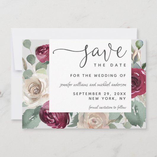 Rustic Elegant Burgundy and White Waterverf Rozen Save The Date (Voorkant)