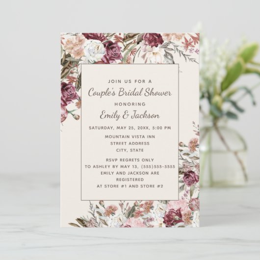 Rustic Elegant Burgundy Blush Pink Floral Bridal Kaart (Staand voorkant)