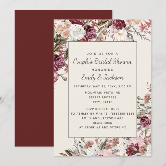 Rustic Elegant Burgundy Blush Pink Floral Bridal Kaart (Voorkant / Achterkant)