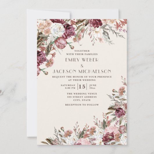 Rustic Elegant Burgundy Blush Pink Floral Wedding Kaart (Voorkant)
