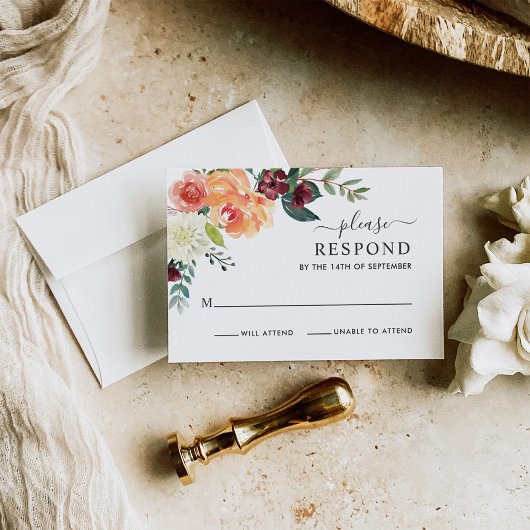 Rustic Elegant Burgundy Herfst Floral Wedding RSVP Kaartje