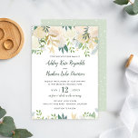 Rustic Elegant Cream Gold Floral Greenery Wedding Kaart<br><div class="desc">Klassieke trouwuitnodigingen in stijl voorzien van een elegant florale waterverf rand ontwerp met geschilderde rozen, ranunculus bloemen, en bladeren in neutrale lente- en zomerschoppen van wit, crème, goud, groen en donkergrijs. De achterkant van de kaart is zacht groen met een abstract geborsteld puntpatroon. Deze uitnodiging bevat een sjabloon voor een...</div>