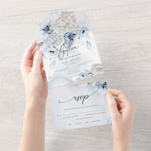 Rustic Elegant Dusty Blue Floral All In One Uitnodiging (Afscheurbaar)