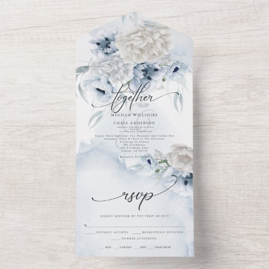 Rustic Elegant Dusty Blue Floral All In One Uitnodiging (Binnen)