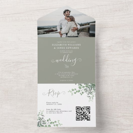 Rustic Elegant Eucalyptus Foto QR Code Weddenschap All In One Uitnodiging (Binnen)