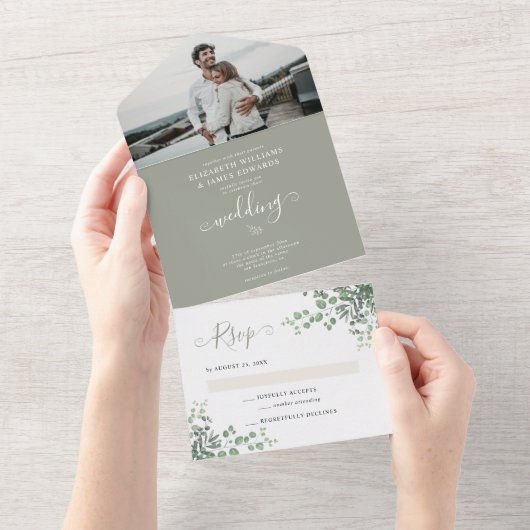 Rustic Elegant Eucalyptus Greenery Foto Weddenscha All In One Uitnodiging (Afscheurbaar)