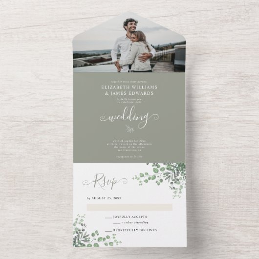 Rustic Elegant Eucalyptus Greenery Foto Weddenscha All In One Uitnodiging (Binnen)