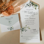 Rustic Elegant Eucalyptus Leaves Greenery Wedding All In One Uitnodiging<br><div class="desc">Dit elegante collectie is voorzien van gemengde groenbladeren van de waterverf in combinatie met een klastig serif en een delicaat sans lettertype in zwart,  met een monogram op de achterzijde. Overeenkomende objecten beschikbaar.</div>