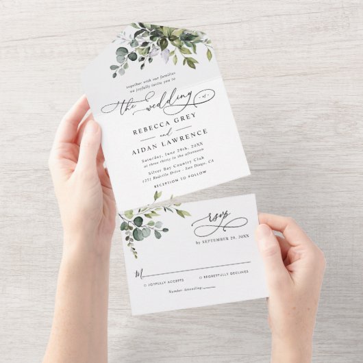 Rustic Elegant Eucalyptus Leaves Greenery Wedding All In One Uitnodiging (Afscheurbaar)