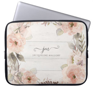 Rustic Elegant Floral Waterverf Foliage Monogram  Laptop Sleeve