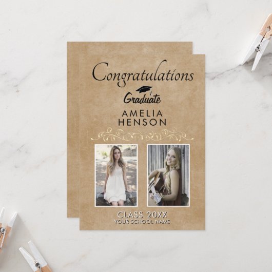 Rustic Elegant Gold Ornament 2 Foto Afstuderen Kaart (Voorkant / Achterkant in situ)