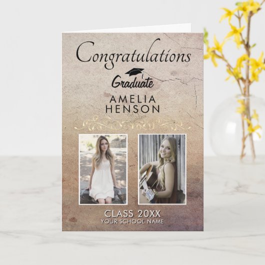 Rustic Elegant Gold Ornament 2 Foto Afstuderen Kaart (Gele Bloem)