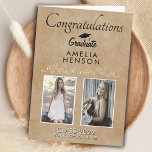 Rustic Elegant Gold Ornament 2 Foto Afstuderen Kaart<br><div class="desc">Rustic Elegant Gold Ornament Gefeliciteerd 2 Foto Afstuderen Kaart. Elegant goudornament op de rustige beige achtergrond. Personaliseer met de naam van afstuderen, het jaar van het afstuderen, schoolnaam en voeg 2 afstuderen foto's toe - u kunt vóór en na foto's gebruiken. Voeg je bericht toe of wissel het. Maak een...</div>