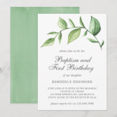 Rustic Elegant Greenery Baptism First Birthday Kaart (Voorkant / Achterkant)