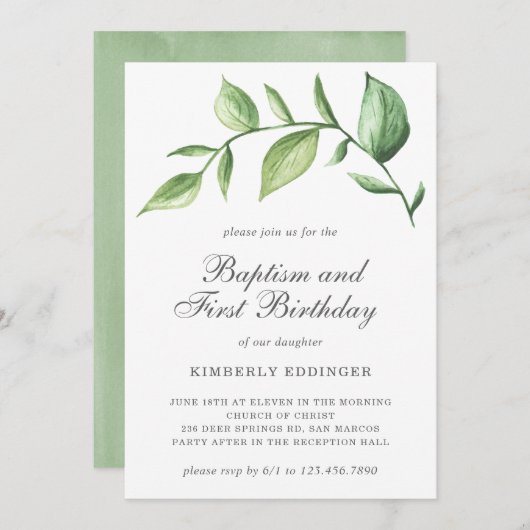 Rustic Elegant Greenery Baptism First Birthday Kaart (Voorkant / Achterkant)