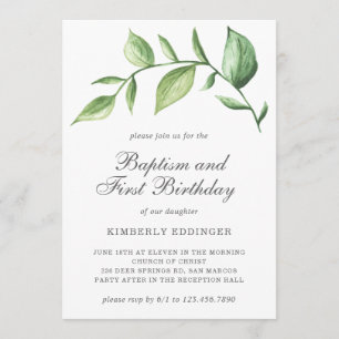 Rustic Elegant Greenery Baptism First Birthday Kaart
