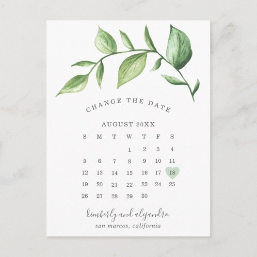 Rustic Elegant Greenery Calendar verander de Datum Aankondigingskaart (Voorkant)
